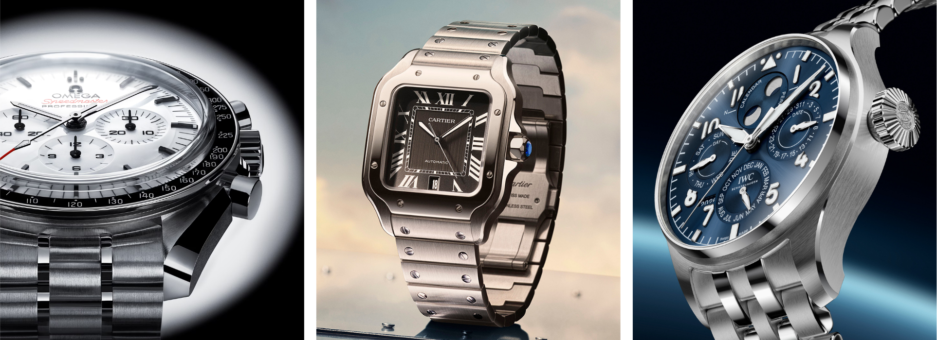Edelstahluhren von IWC Schaffhausen, Omega und Cartier