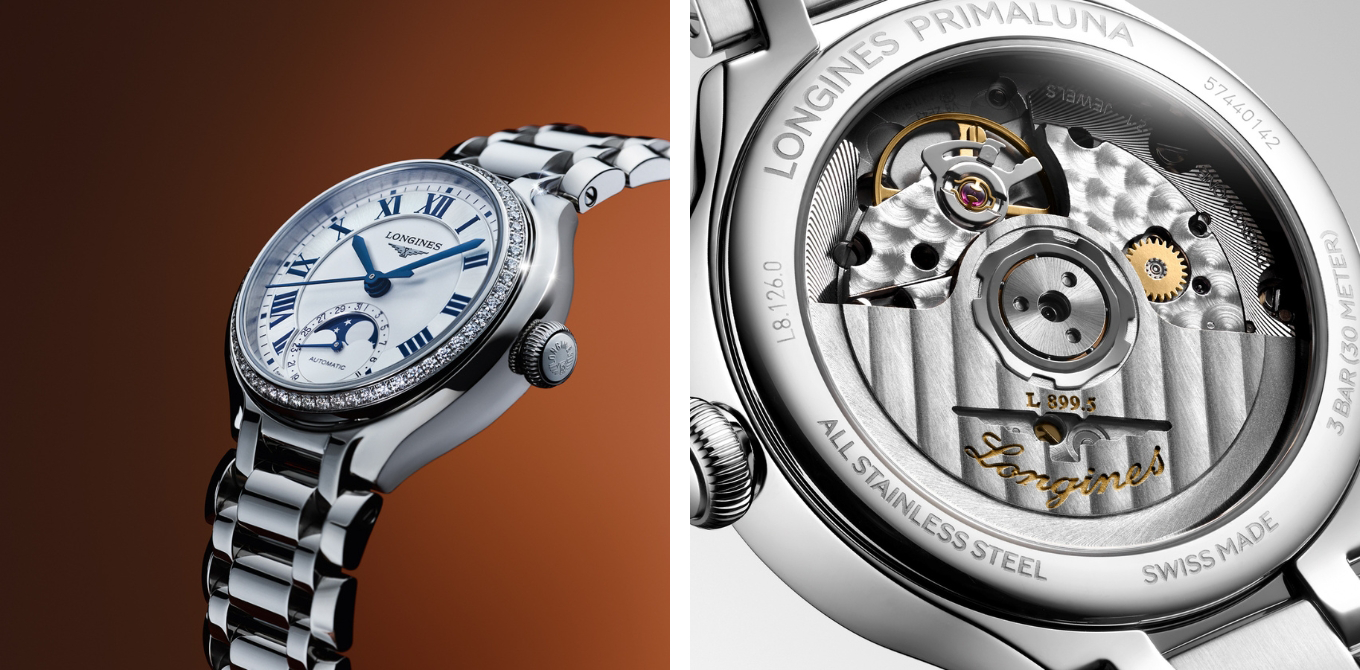 Longines PrimaLuna Moonphase: Edelstahl-Armband und Uhrwerk