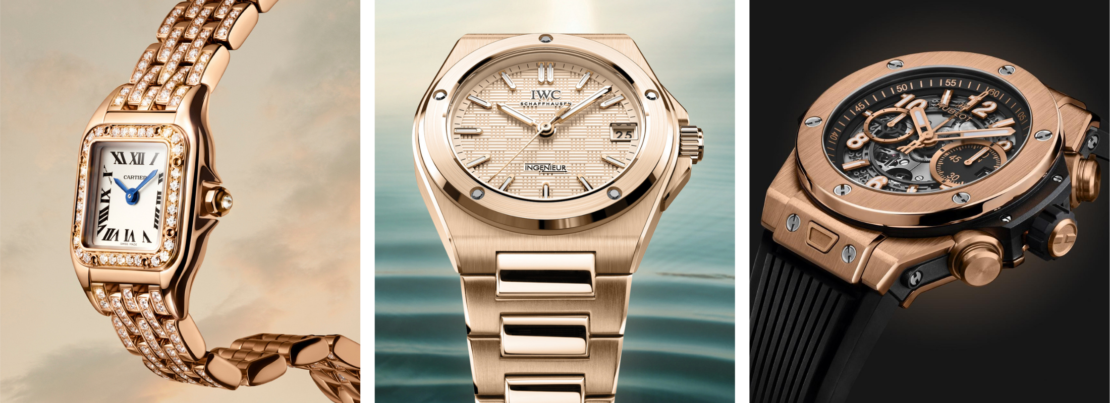 Golduhren von IWC Schaffhausen, Hublot und Cartier