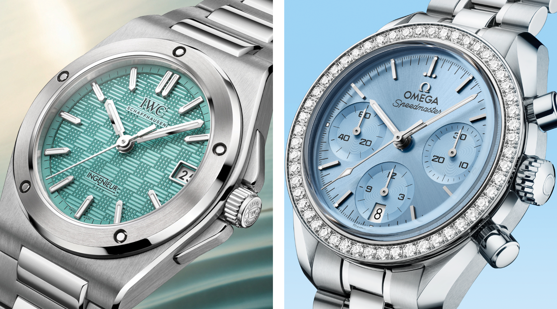 Nahaufnahme Automatikuhren von Omega Speedmaster und IWC Schaffhausen Ingenieur