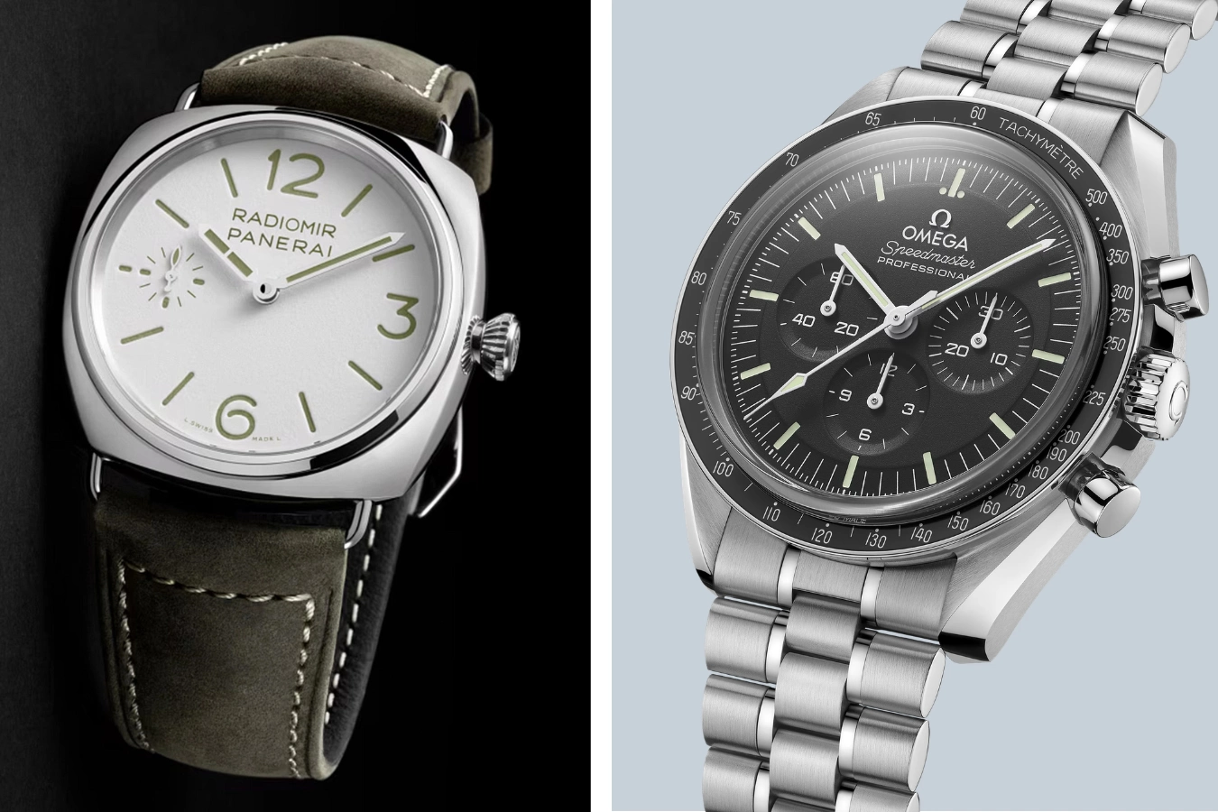 Nahaufnahme Handaufzuguhren von Omega Speedmaster und Panerai Radiomir
